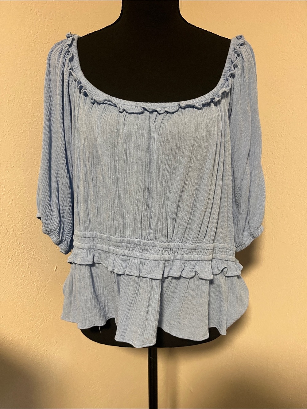 Arula Altar’d State Light Blue Peasant Blouse -Ruffled Scoop Neck Top-Size 0